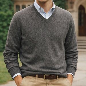 J.Crew Men’s Gray Cotton Cashmere V-Neck Sweater Classic Preppy Pullover Size S